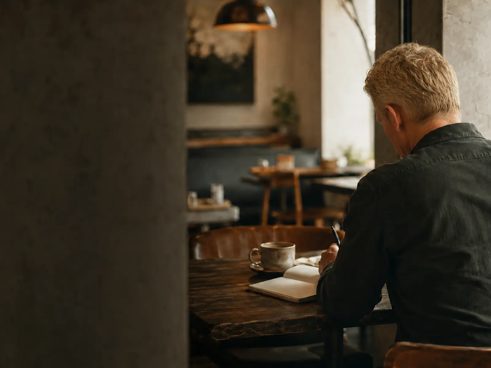An experienced consultant writing in a notebook over coffee in a quiet independent cafe